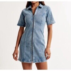 Abercrombie & Fitch Denim Full Zip Mini A-line Skater Dress Blue Wash Sz S Y2K